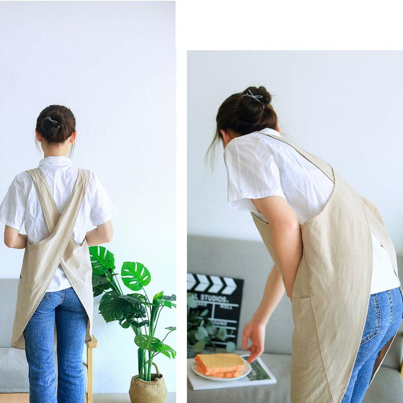 NEWGEM Japanese Linen Cross Back Kitchen Cooking Aprons for Women with Pockets Cute for Baking Painting Gardening Cleaning Khaki - Image 5